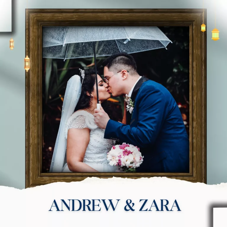 Bride and groom, Andrew and Zara, share a kiss under a clear umbrella, with bride holding a bouquet of pink and white flowers