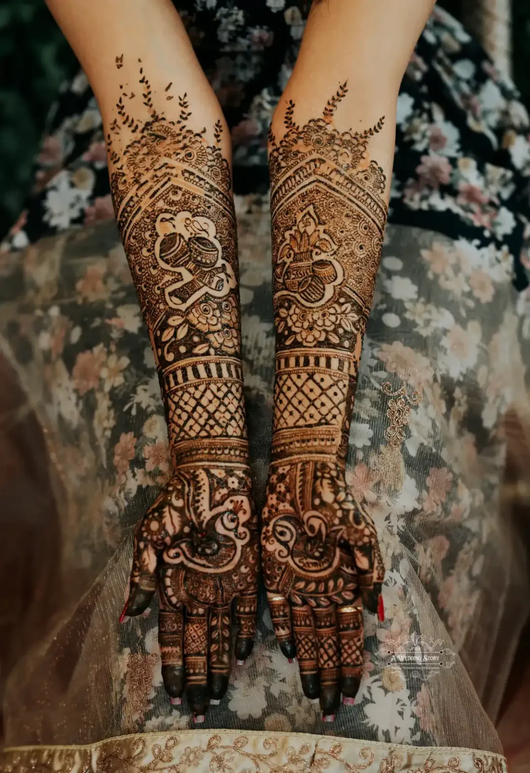 Close-up of bridal mehndi on hands with intricate patterns and cultural motifs, captured during an Indian wedding in Wellington by A Wedding Story