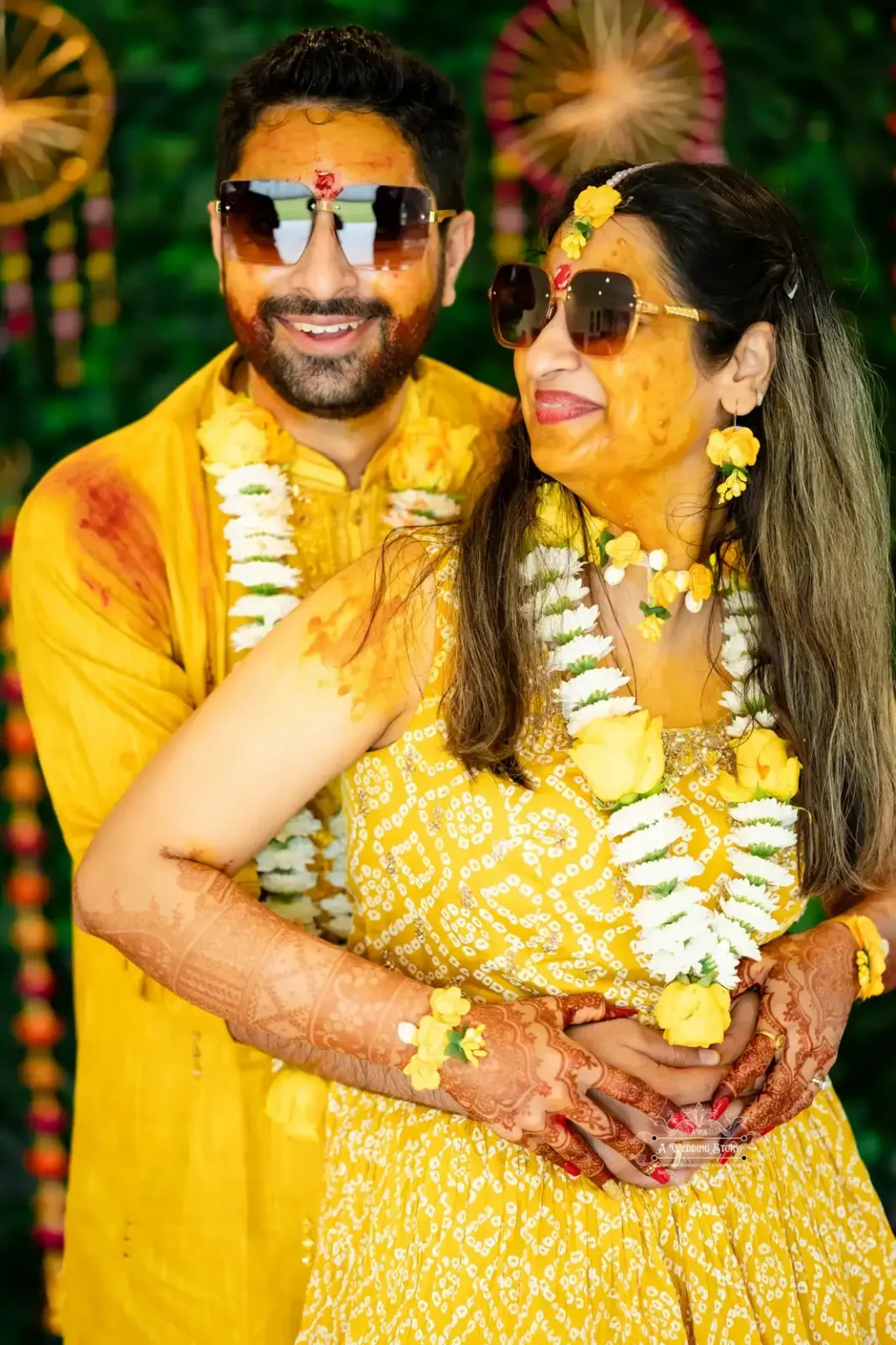 Bride and groom wearing sunglasses and traditional attire during Haldi ceremony, captured by Wedding Photography in Wellington