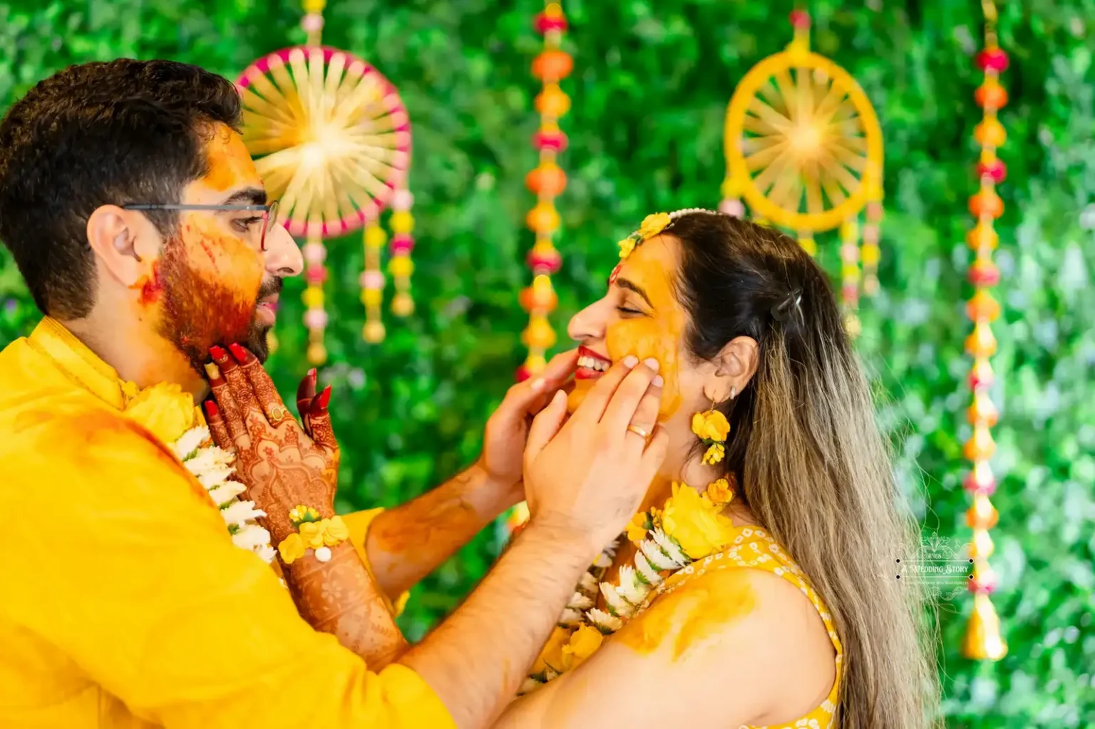 Bride and groom sharing a playful moment during Haldi ceremony, captured by Wedding Photography in Wellington, New Zealand