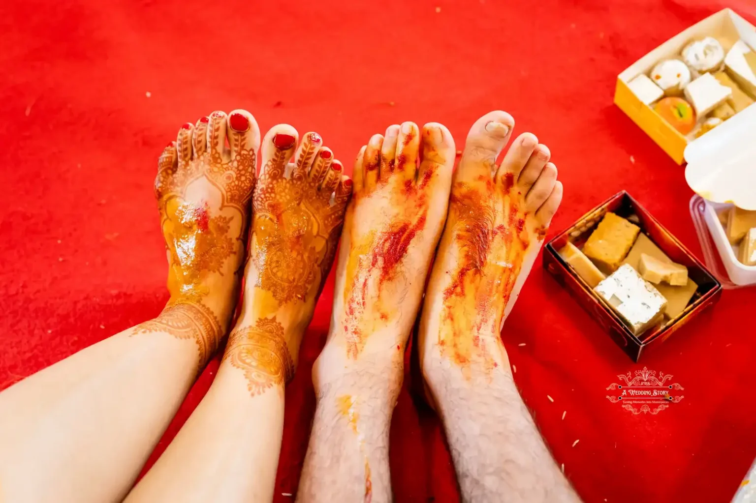 Close-up of couple's feet with mehndi and haldi, captured during a wedding ritual in Wellington, New Zealand"