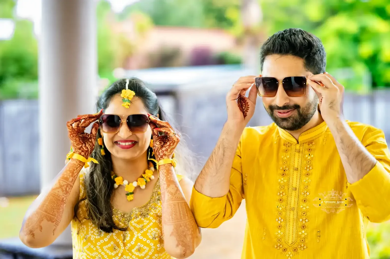 Bride and groom wearing sunglasses during Haldi ceremony, captured by Wedding Photography in Wellington, New Zealand