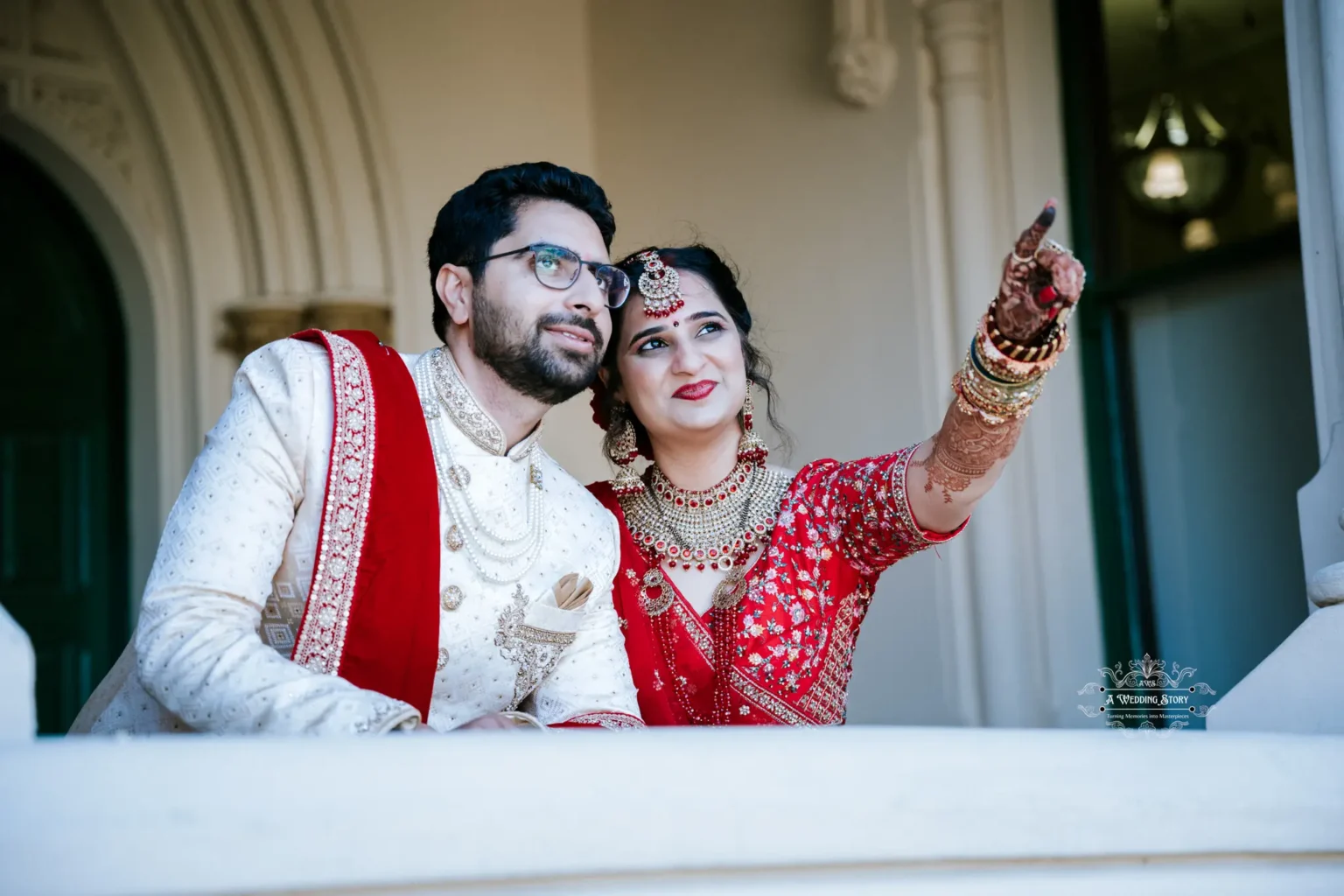 Bride and groom pointing out a scene together on their wedding day in Wellington, captured by A Wedding Story.