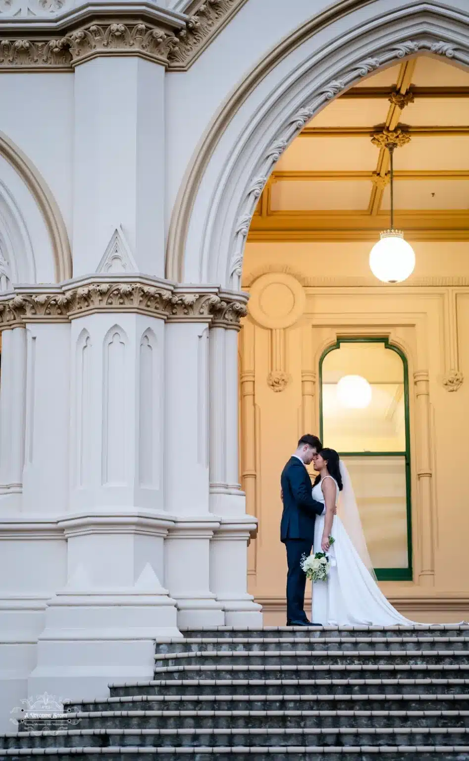 Bride and groom share a tender moment on steps framed by historic architecture in Wellington.