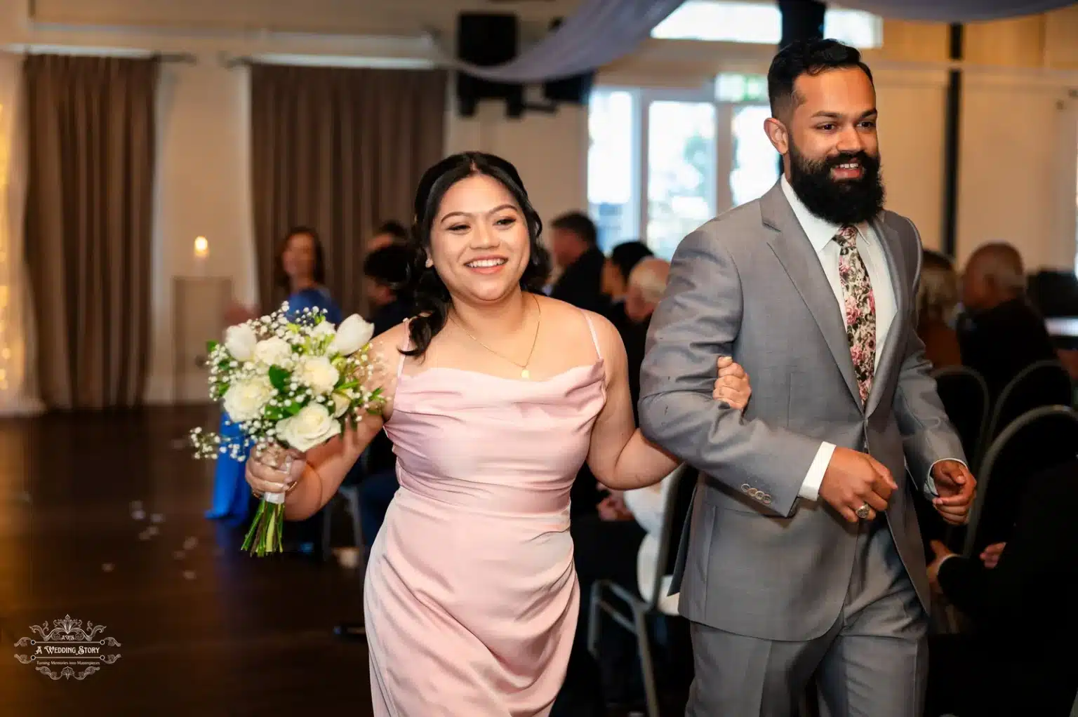 Bridesmaid holding a bouquet and groomsman walking down the aisle with joyful expressions at a wedding ceremony in Wellington.