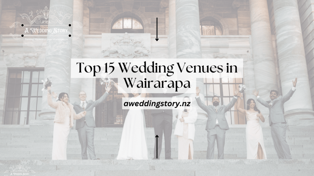 A group of newlyweds and their wedding party celebrating on the steps of a grand building, highlighting the blog Top 15 Wedding Venues in Wairarapa by A Wedding Story NZ