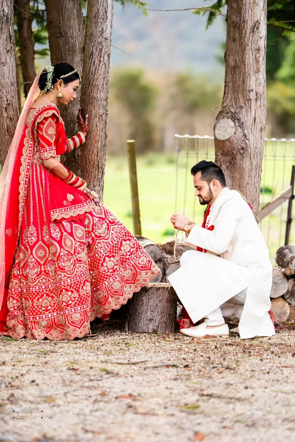 Gujarati bride in a red lehenga and groom in a white sherwani sharing a quiet romantic moment by the trees during their wedding photoshoot in Wellington, New Zealand