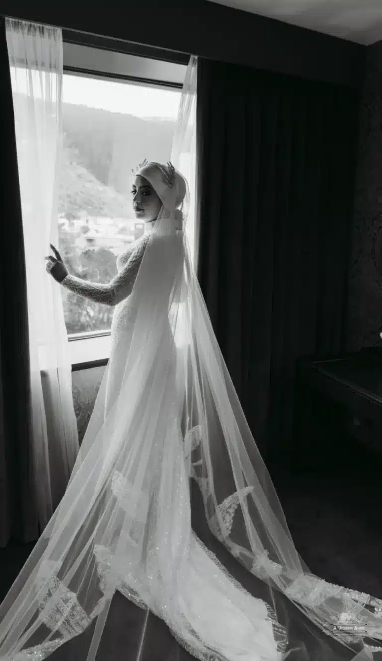 Full-length black and white portrait of an Afghan bride in a long veil, standing by a window and looking outside before her wedding in Wellington.