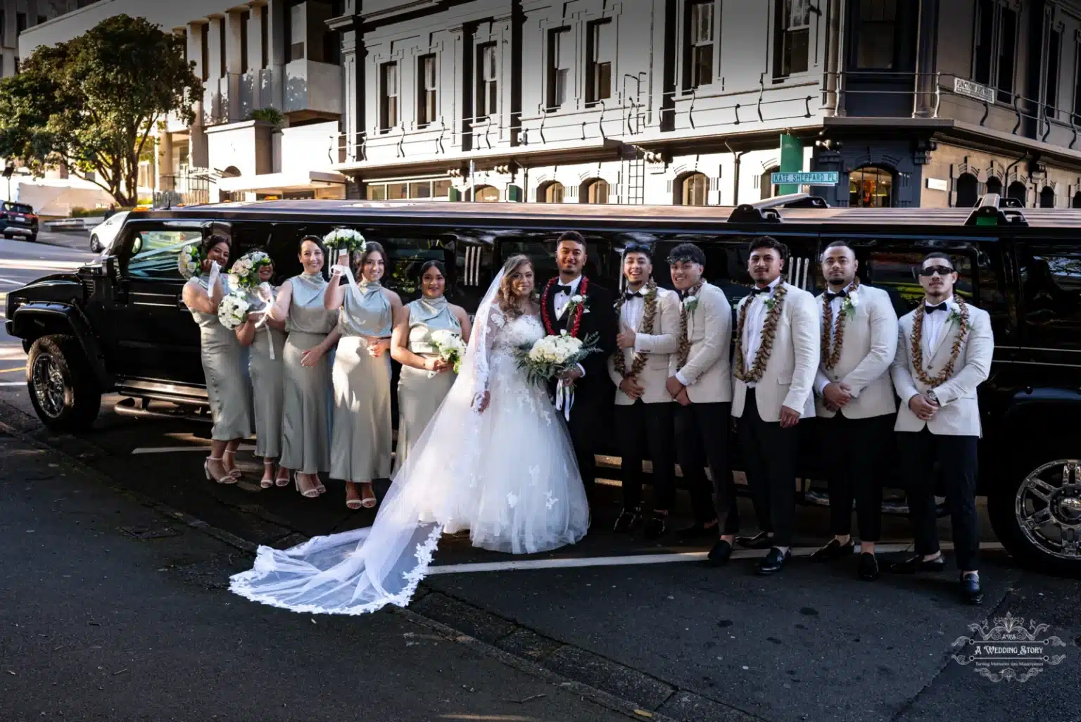 The bride and groom pose with their bridesmaids and groomsmen next to a luxurious black Hummer limousine on a sunny street in Wellington, New Zealand.