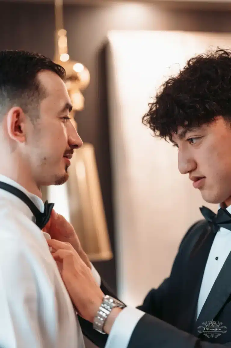 Groom with a friend adjusting his bow tie, sharing a supportive moment before the wedding ceremony in Wellington.